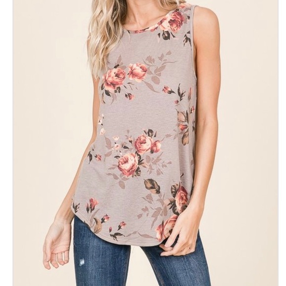 The Elise Top- taupe floral sleeveless top - Picture 4 of 7
